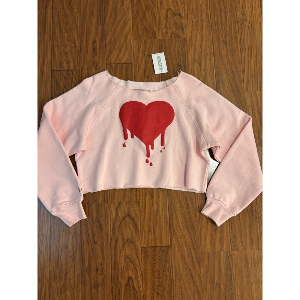 NWT Katie J NYC Shane Heart Graphic Pink Cropped Off the Shoulder Sweatshirt XL